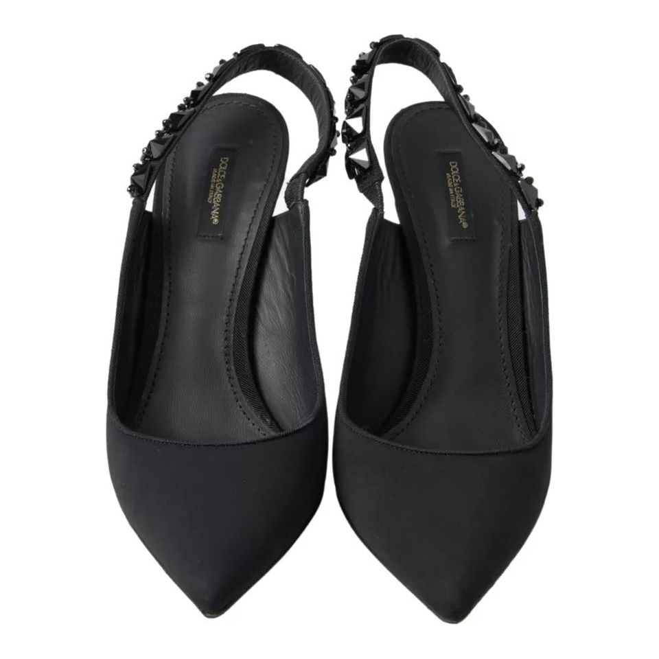 Dolce & Gabbana Black Embellished Charmeuse Slingback Heels Shoes Dolce & Gabbana