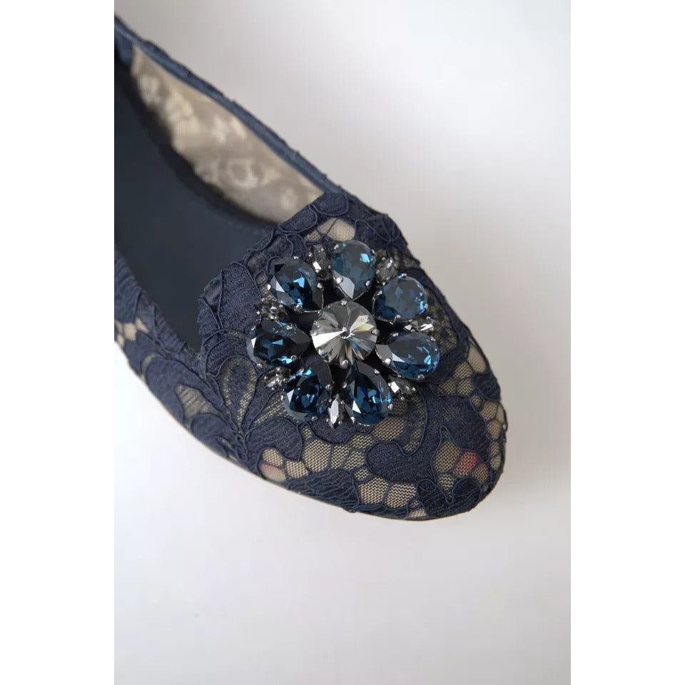 Dolce & Gabbana Blue Taormina Lace Crystals Flats Shoes Dolce & Gabbana