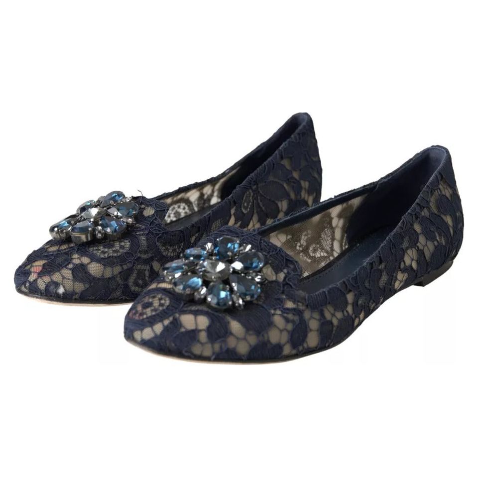 Dolce & Gabbana Blue Taormina Lace Crystals Flats Shoes Dolce & Gabbana