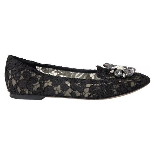 Dolce & Gabbana Black Taormina Lace Crystals Flats Shoes Dolce & Gabbana