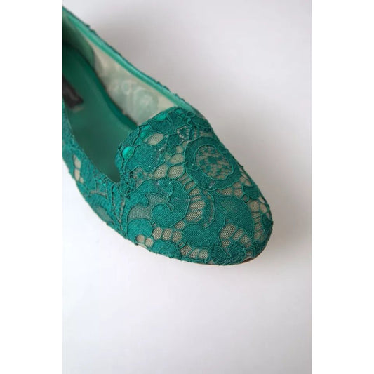 Green Floral Lace Loafers Flats Shoes