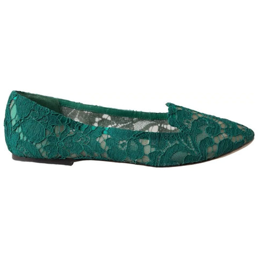 Green Floral Lace Loafers Flats Shoes