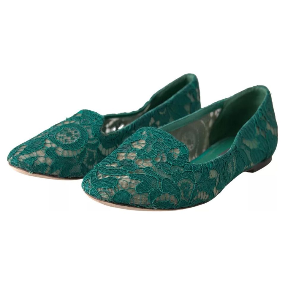 Dolce & Gabbana Green Floral Lace Loafers Flats Shoes Dolce & Gabbana