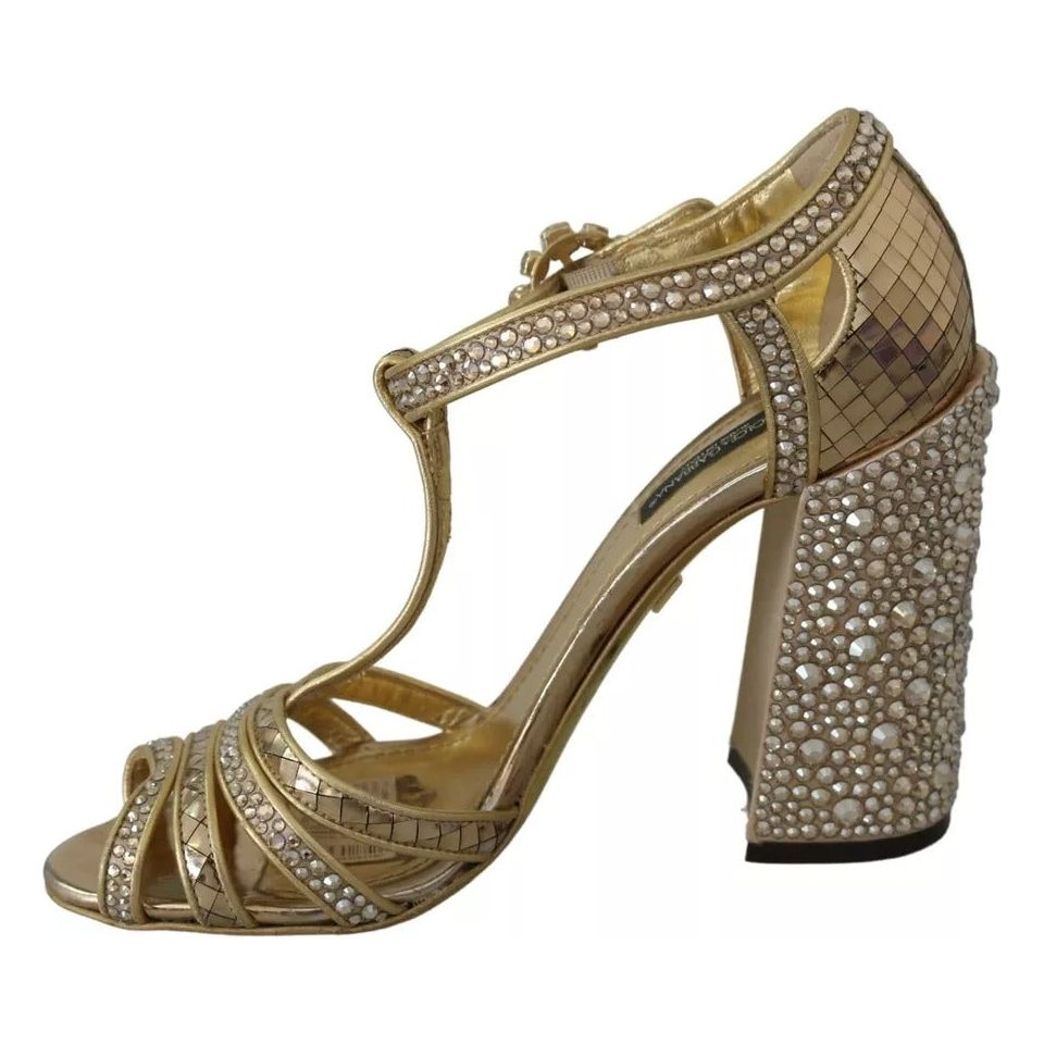 Dolce & Gabbana Gold Crystals T-strap Sandals Leather Shoes Dolce & Gabbana