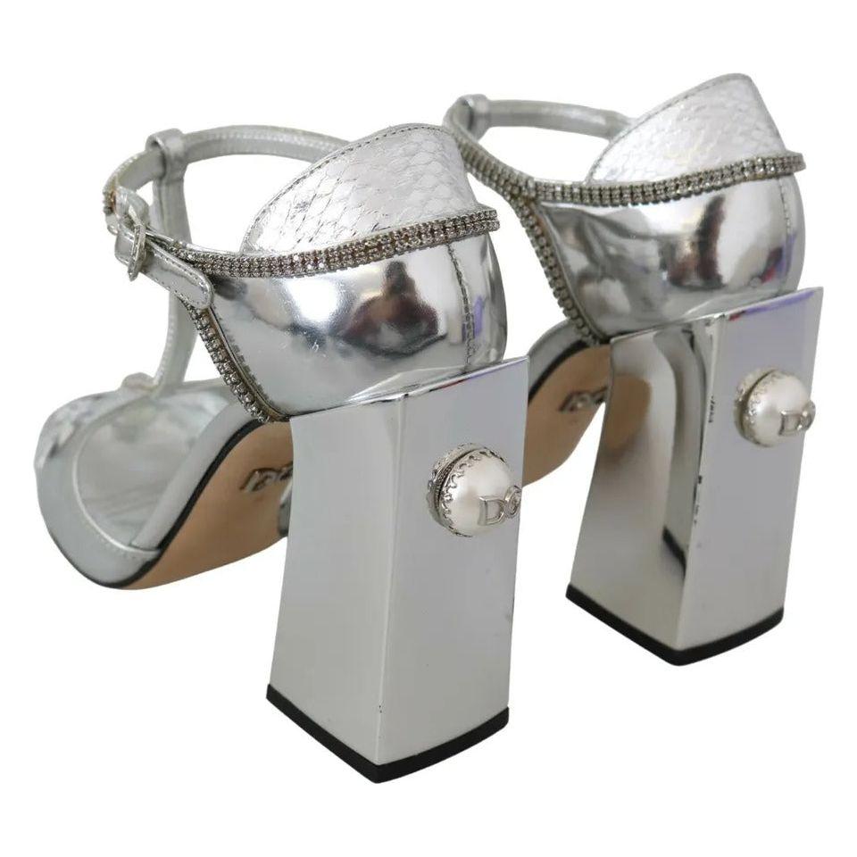 Dolce & Gabbana Silver Crystals T-strap Sandals Leather Shoes Dolce & Gabbana