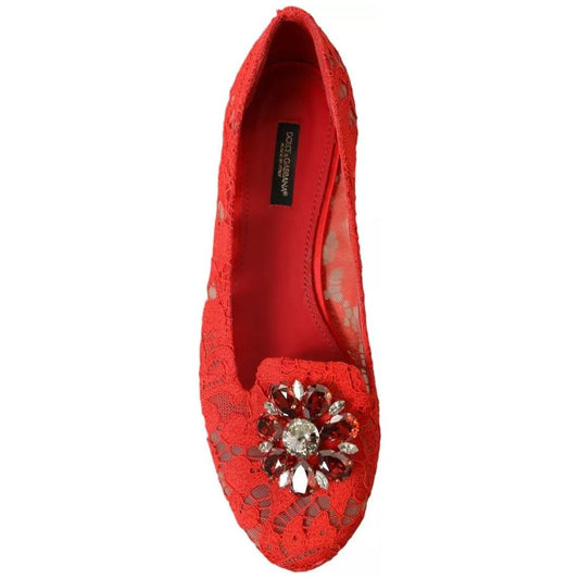 Red Lace Crystal Ballet Loafers Shoes