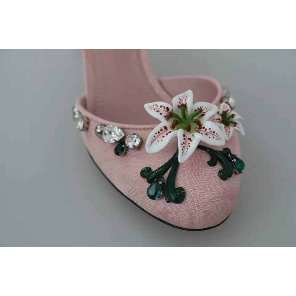 Dolce & Gabbana Pink Brocade Crystal Lily Ankle Strap Shoes
