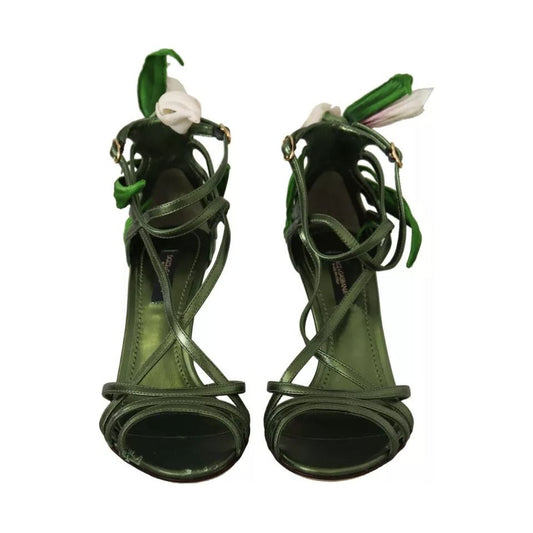 Acid Green Leather Strappy Flower Heels Sandals Shoes