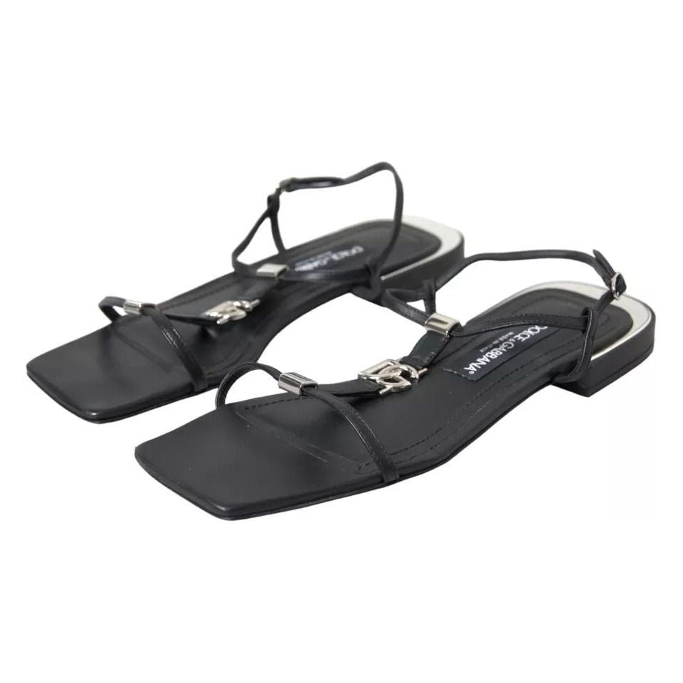 Dolce & Gabbana Black Leather DG Logo Flats Sandals Shoes Dolce & Gabbana