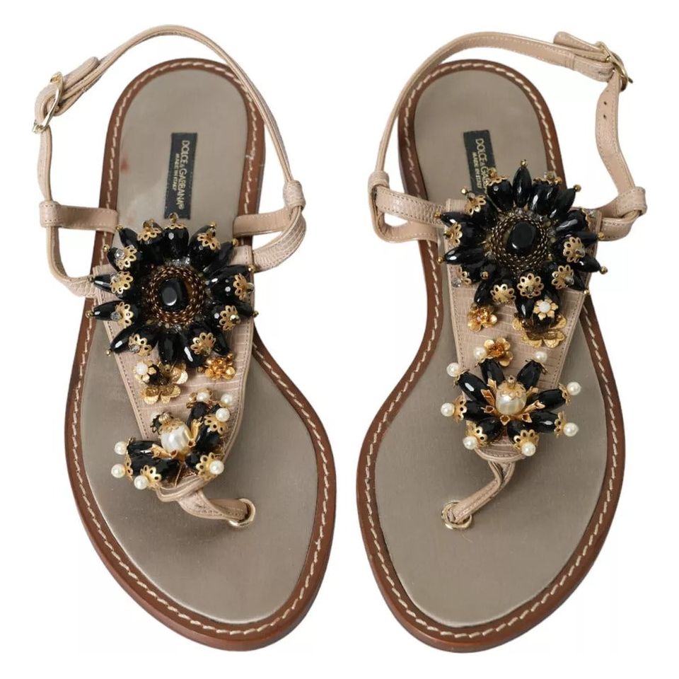 Dolce & Gabbana Beige Satin Gold Beaded Flats Slides Sandals Shoes Dolce & Gabbana