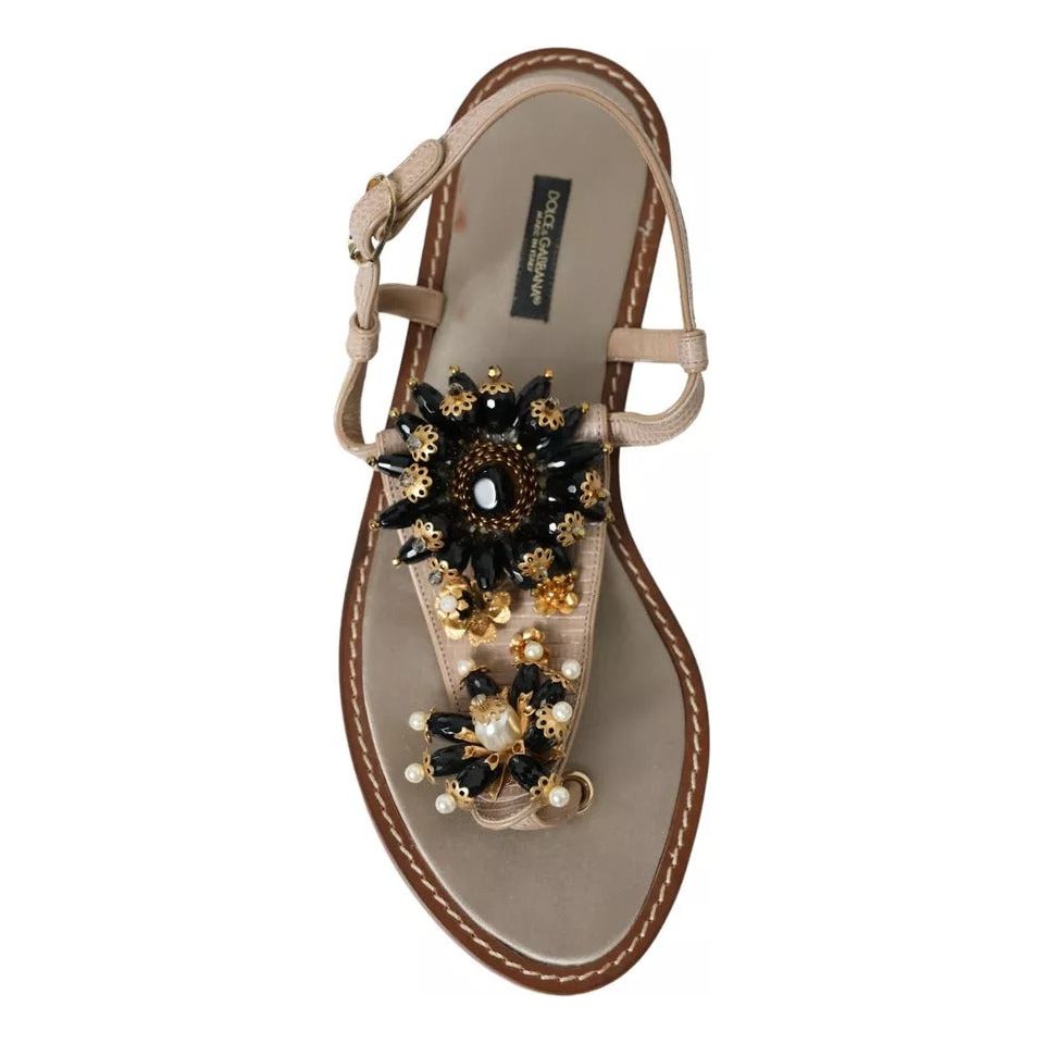 Dolce & Gabbana Beige Satin Gold Beaded Flats Slides Sandals Shoes Dolce & Gabbana