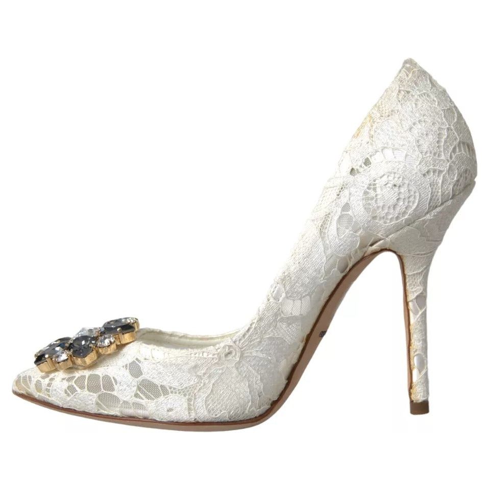 Dolce & Gabbana White Taormina Lace Crystal Heel Pumps Shoes Dolce & Gabbana