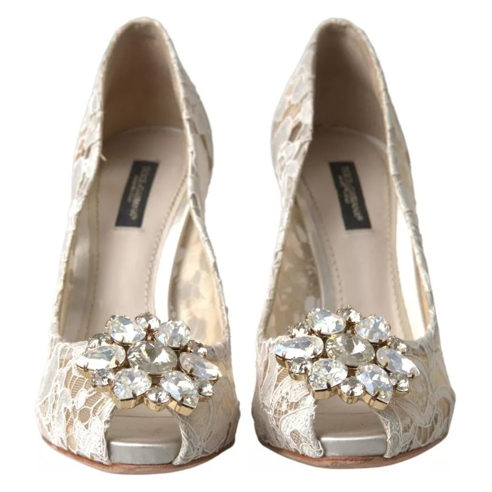 Dolce & Gabbana White Taormina Lace Crystal Heels Pumps Shoes Dolce & Gabbana