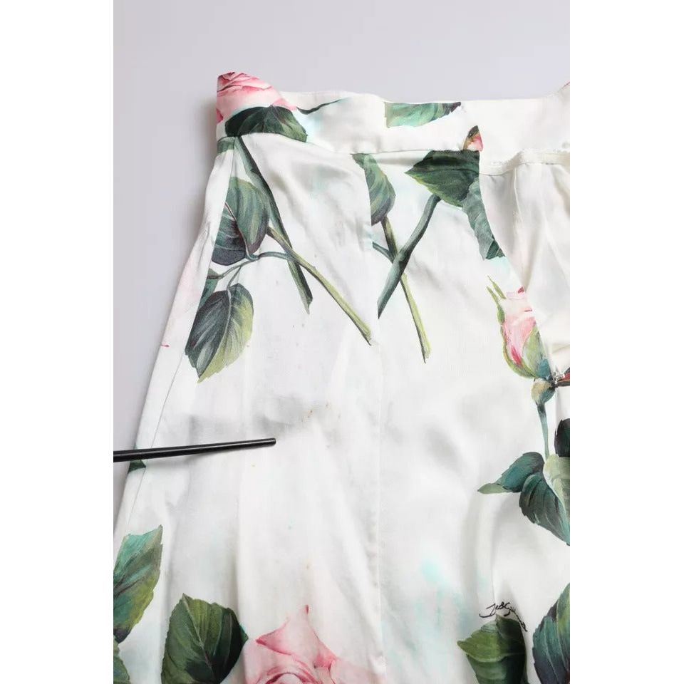 Dolce & Gabbana White Rose Print High Waist Midi A-line Skirt Dolce & Gabbana