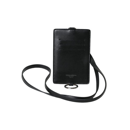 Dolce & Gabbana Black Calf Leather Lanyard Logo Card Holder Men Wallet
