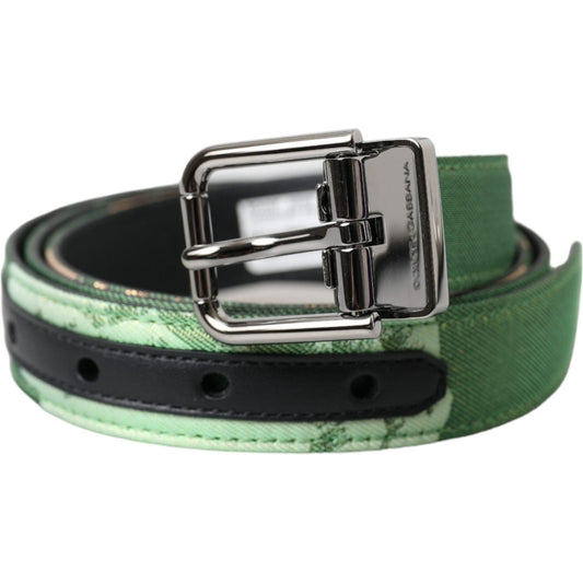 Green Leather Jacquard Silver Metal Buckle Belt