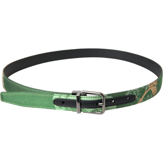 Green Leather Jacquard Silver Metal Buckle Belt