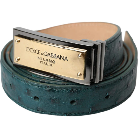 Dolce & Gabbana Green Leather Gold Logo Engraved Buckle Belt Dolce & Gabbana