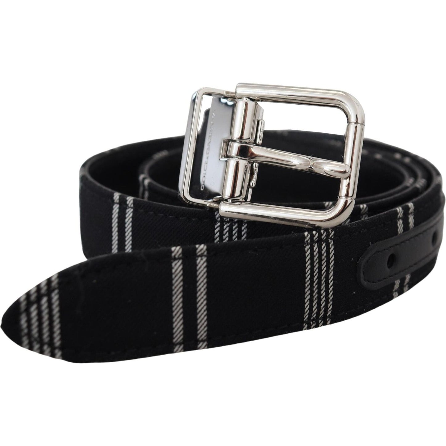 Dolce & Gabbana Black White Cotton Metal Silver Buckle Belt