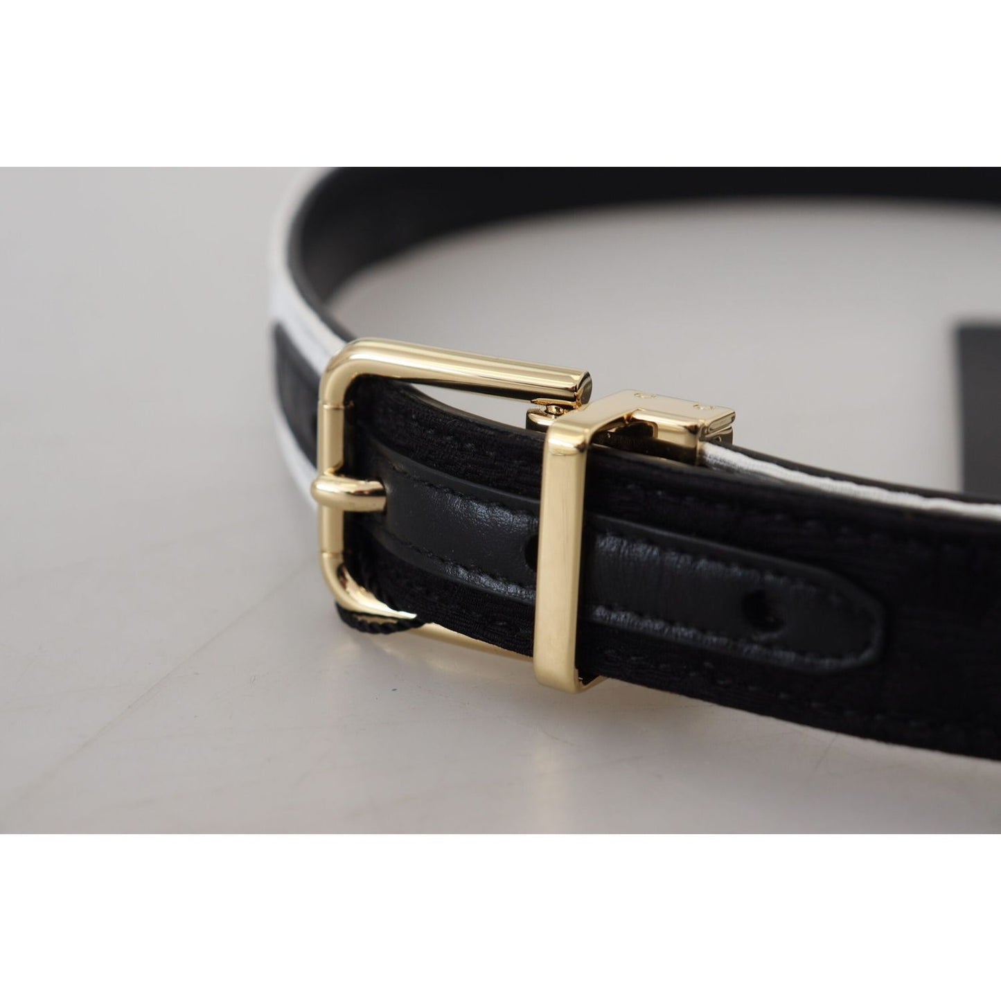 Dolce & Gabbana White Black Patchwork Gold Metal Buckle Belt Dolce & Gabbana