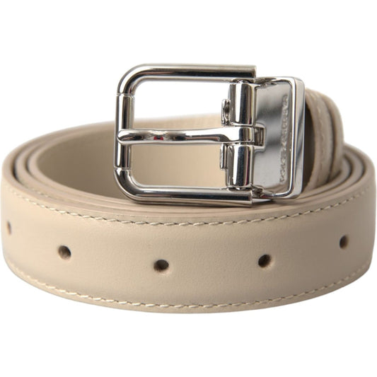 Beige Calfskin Leather Silver Metal Buckle Belt