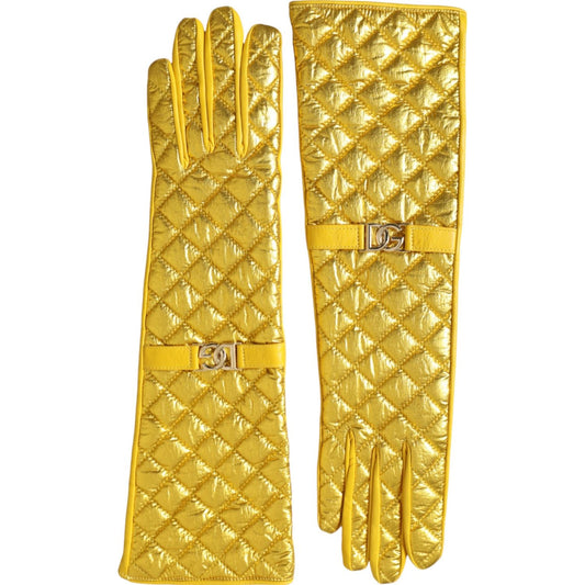 Gold Leather Quilted Mid Arm Length Gloves