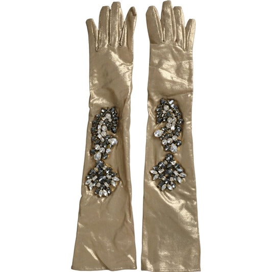 Beige Satin Crystal Elbow Length Gloves