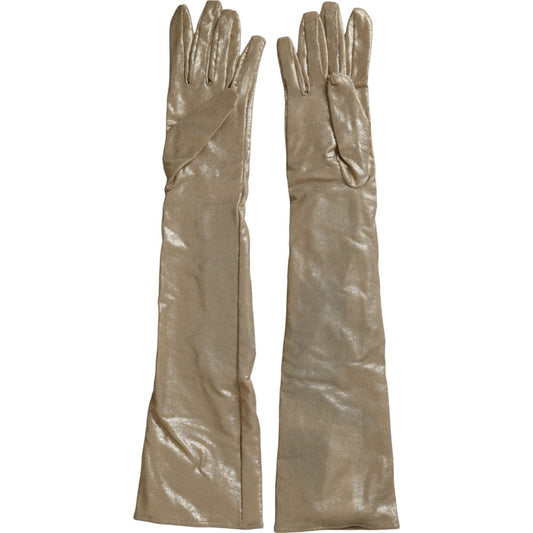 Beige Satin Crystal Elbow Length Gloves