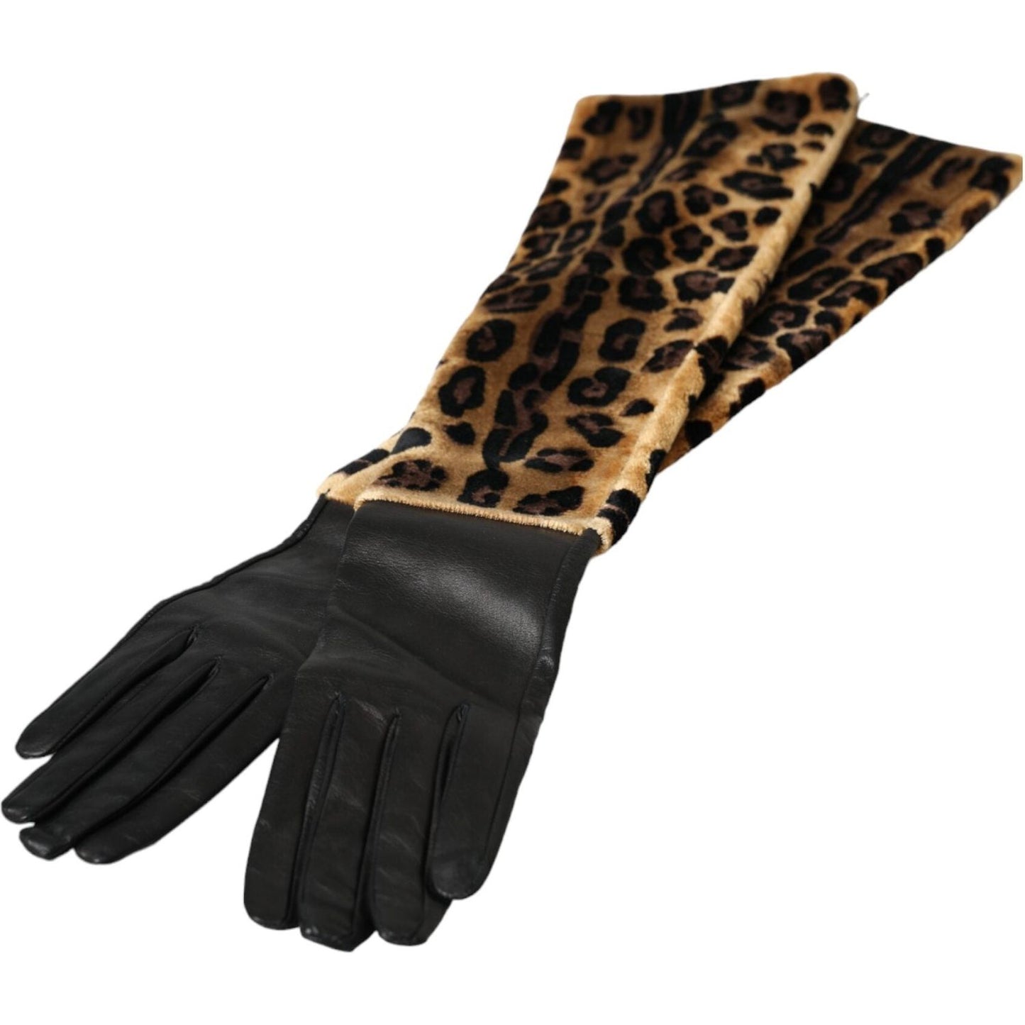 Dolce & Gabbana Brown Black Leopard Leather Elbow Length Gloves Dolce & Gabbana