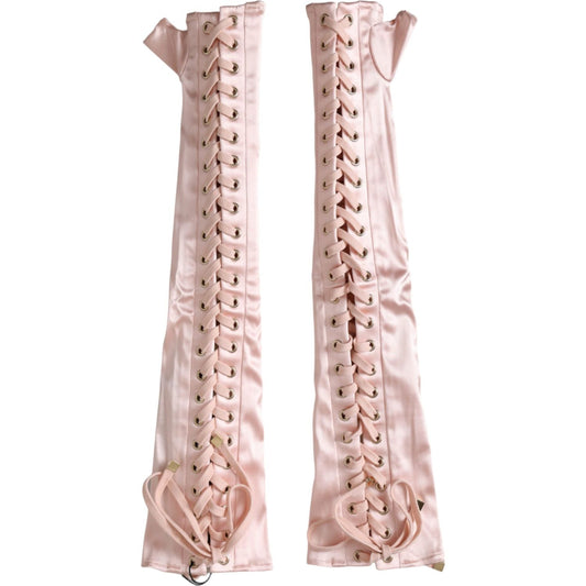 Pink Acetate Lace Up Fingerless Gloves