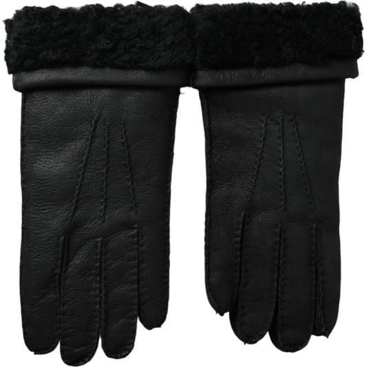 Black Leather Fur Short Hands Gloves