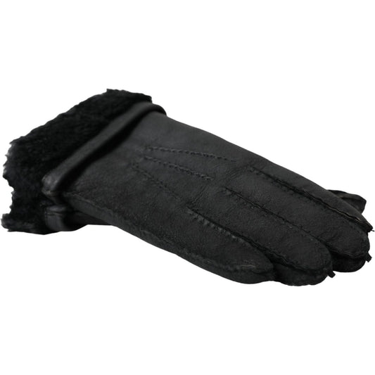 Black Leather Fur Short Hands Gloves