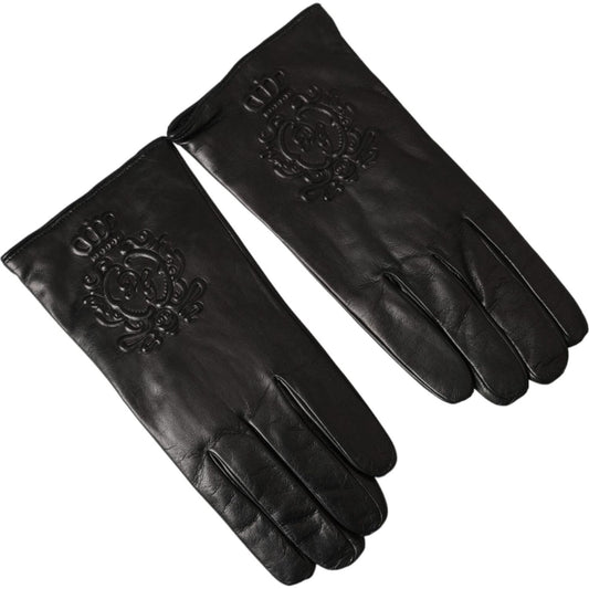 Black Leather Embossed Logo Short Hands Gloves