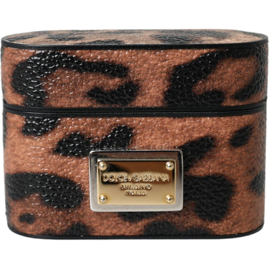 Brown Leopard Calf Leather Logo Plaque Airpods Case