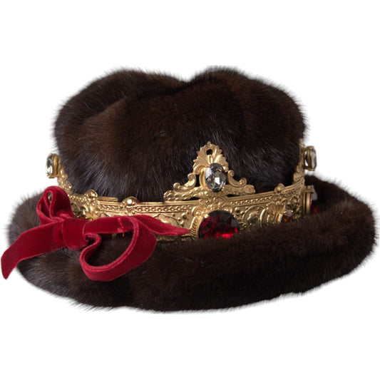 Dark Brown Mink Fur Gold Crystal Crown Hat