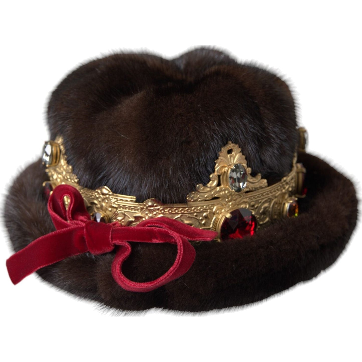 Dolce & Gabbana Dark Brown Mink Fur Gold Crystal Crown Hat Dolce & Gabbana