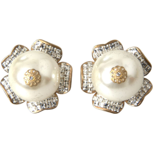 Gold Tone Maxi Faux Pearl Floral Clip-on Jewelry Earrings