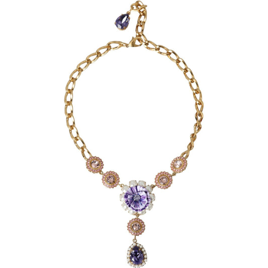 Gold Brass Crystal Purple Pink Pearl Pendants Necklace