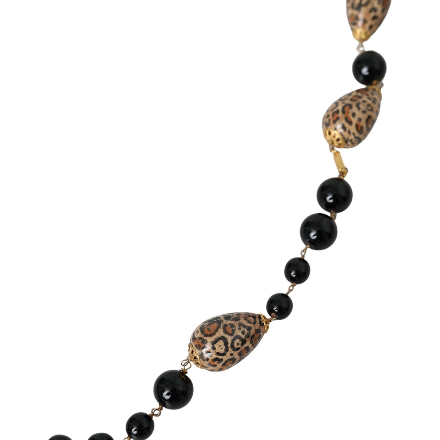 Dolce & Gabbana Gold Tone Brass Black Printed Beaded Long Chain Necklace Necklace Dolce & Gabbana