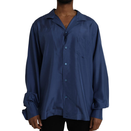 Blue Silk Long Sleeve Lounge Casual Shirt