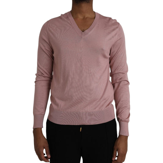 Pink Silk V-neck Long Sleeve Pullover Sweater