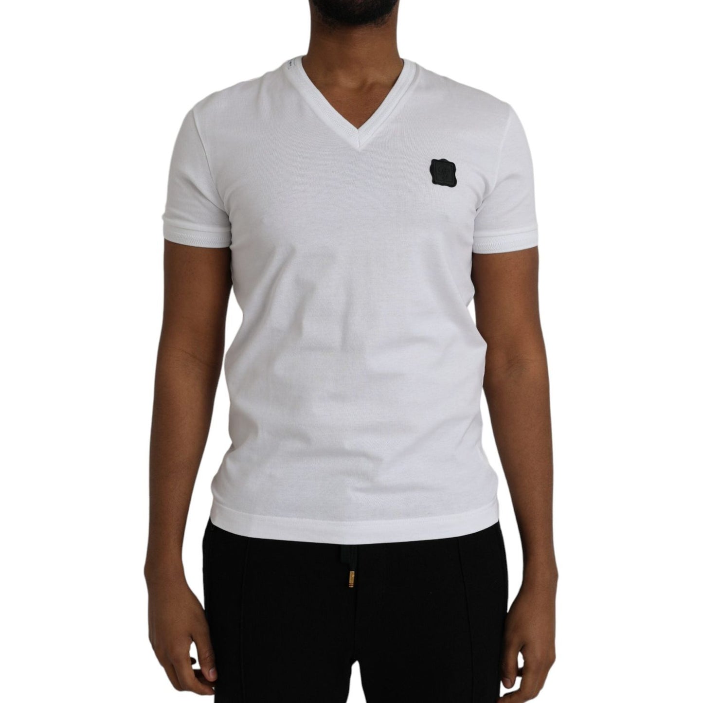 Dolce & Gabbana White Cotton Logo Plaque V-neck Men T-shirt Dolce & Gabbana