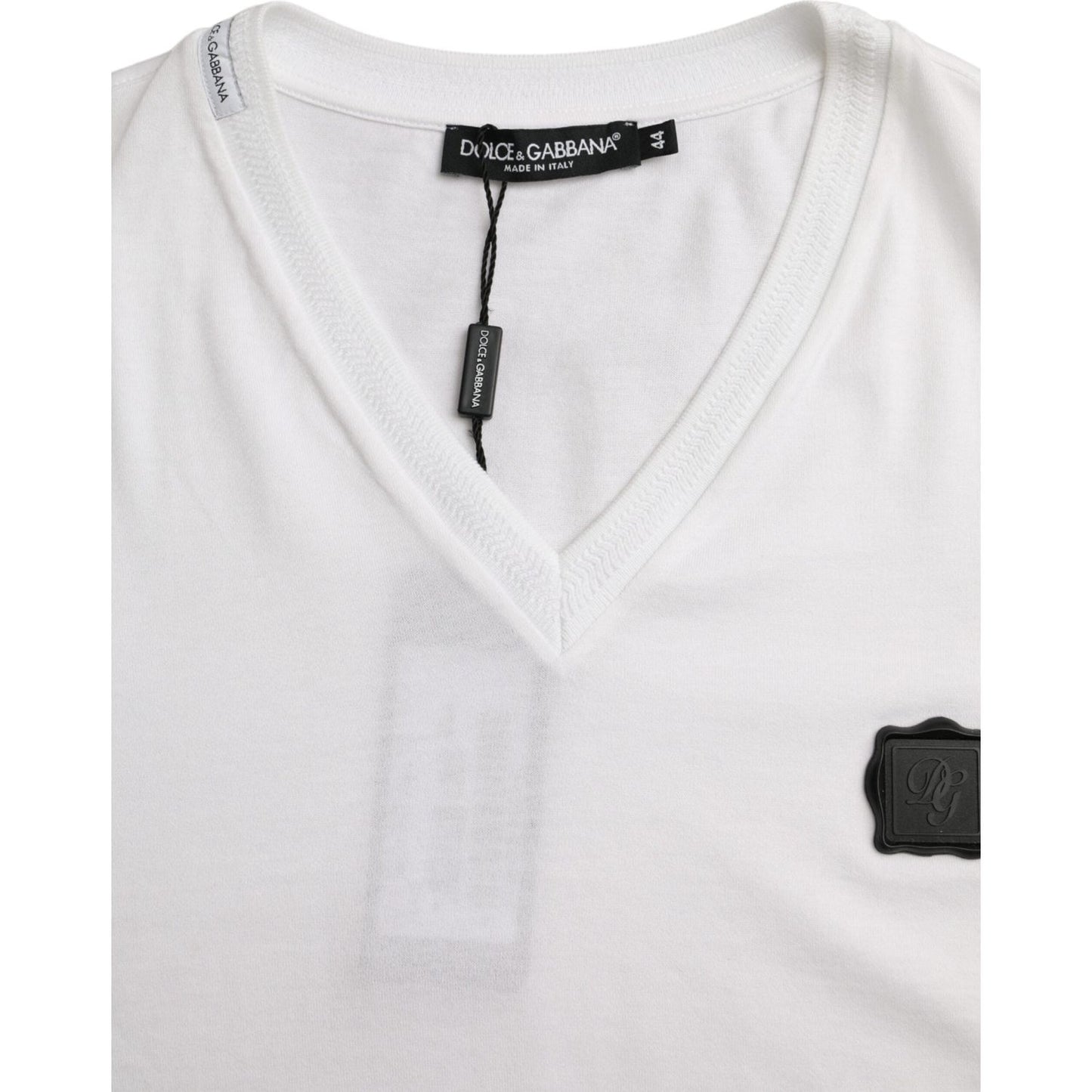 Dolce & Gabbana White Cotton Logo Plaque V-neck Men T-shirt Dolce & Gabbana