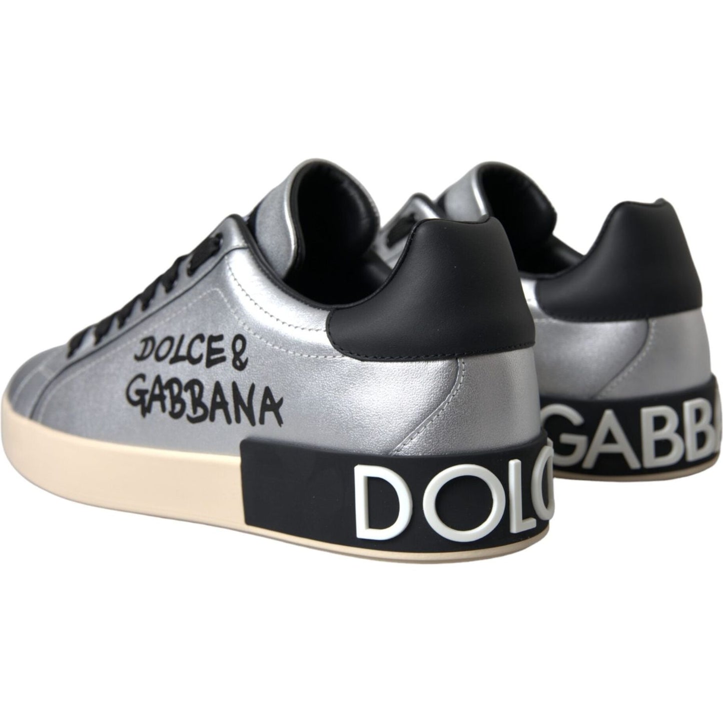 Dolce & Gabbana Silver Portofino Calf Leather Sneakers Men Shoes Dolce & Gabbana