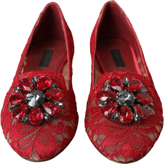 Red Lace Crystal Ballet Loafers Shoes