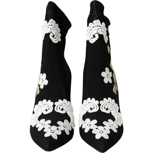 Dolce & Gabbana Black White Embroidery Slip On Boots Shoes Dolce & Gabbana