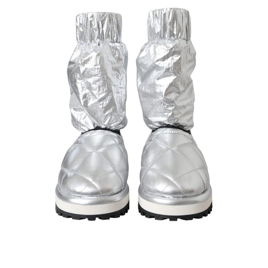 Dolce & Gabbana Metallic Silver Quilted Logo Patch Boot Shoes