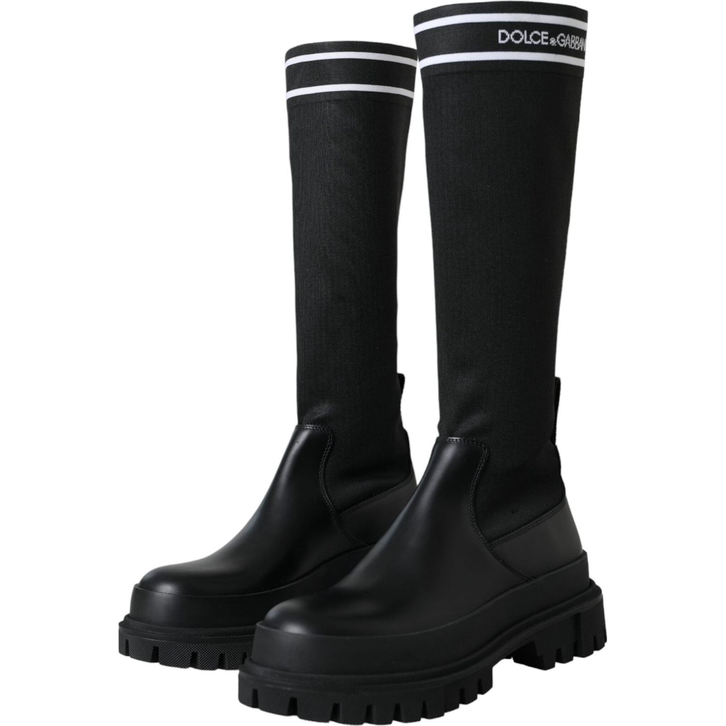 Dolce & Gabbana Black Leather Stretch Jersey Boots Shoes Dolce & Gabbana