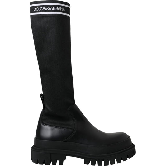 Dolce & Gabbana Black Leather Stretch Jersey Boots Shoes Dolce & Gabbana