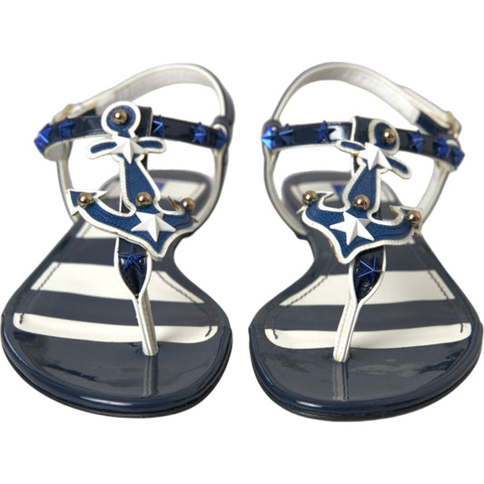 Dolce & Gabbana Blue Stripes Leather Studded Flats Sandals Shoes Dolce & Gabbana